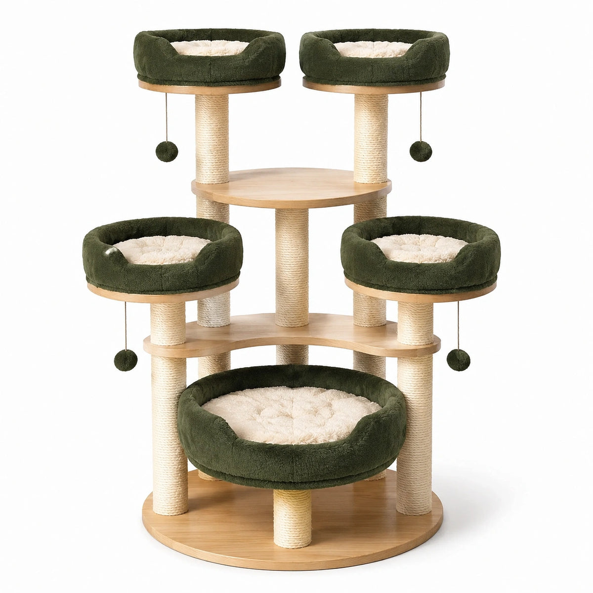 Árbol para gatos de madera con camas de felpa verde y postes de sisal