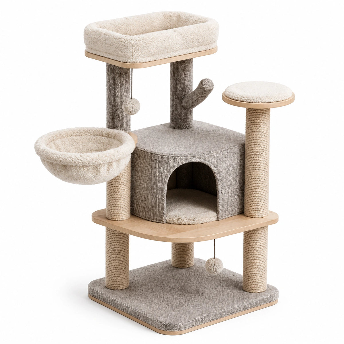 Árbol para gatos con casita de madera y postes de sisal, gris claro/beige, 135 cm