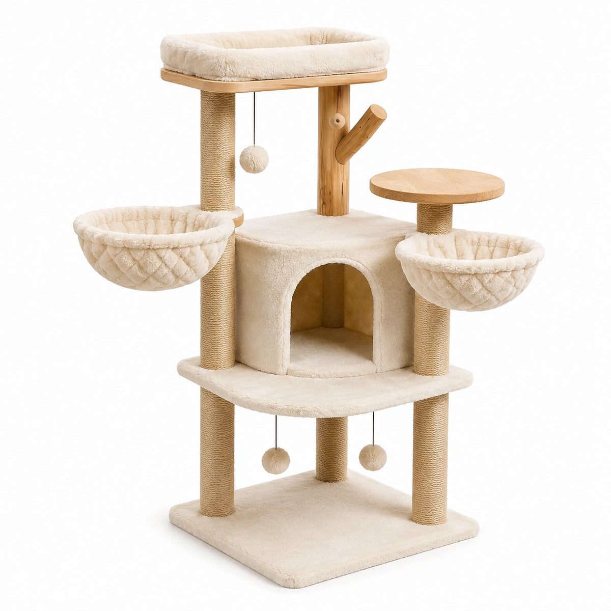 Árbol para gatos de madera y felpa beige 110 cm