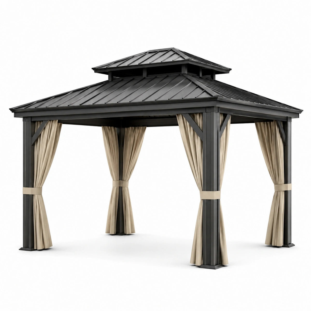 Pérgola de Aluminio con Techo de Acero y Cortinas de Poliéster