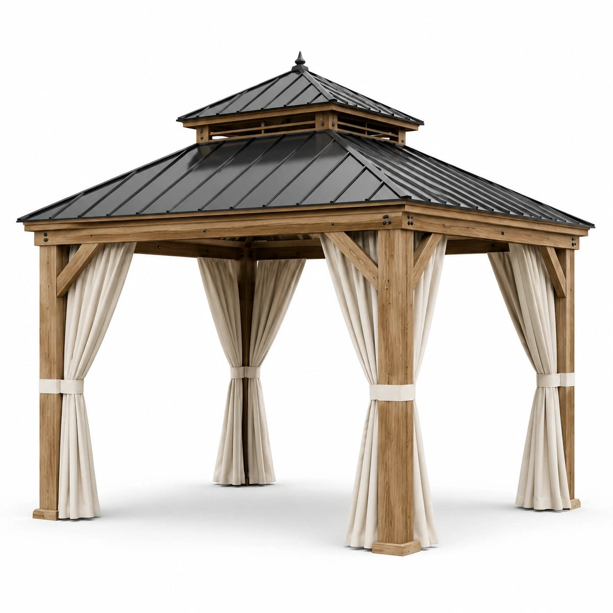 Gazebo de madera y metal con cortinas de poliéster beige