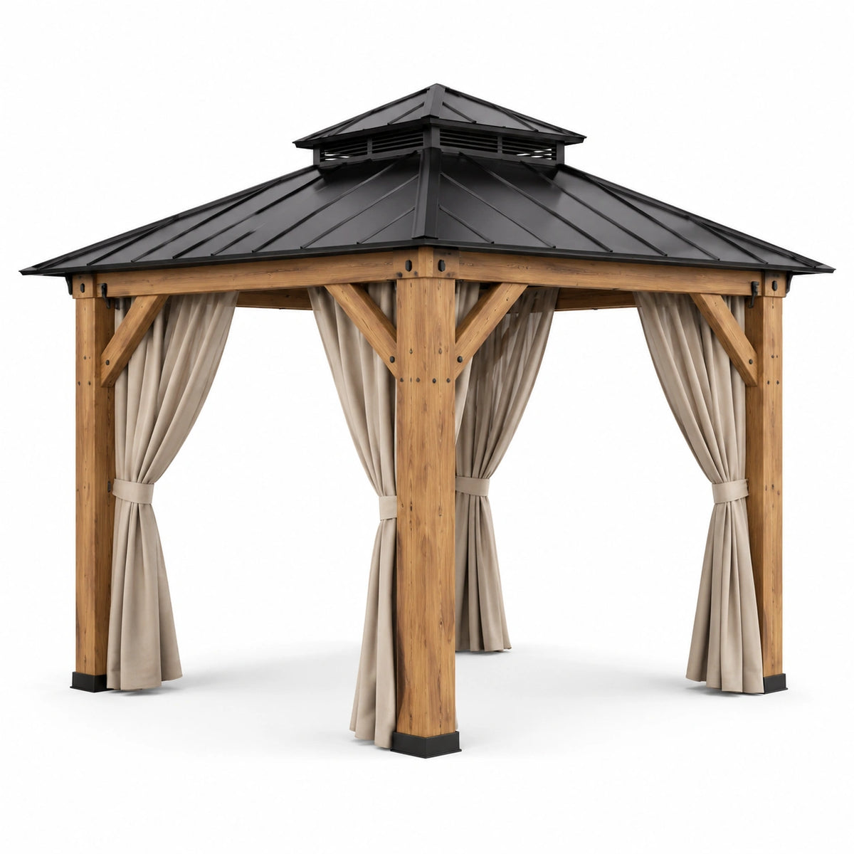 Pérgola de Madera con Techo de Metal y Cortinas de Poliéster 300x300 cm