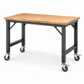 Mesa de trabajo de madera y acero con ruedas