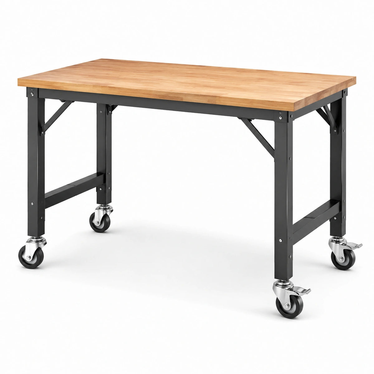 Mesa de trabajo de madera y acero con ruedas