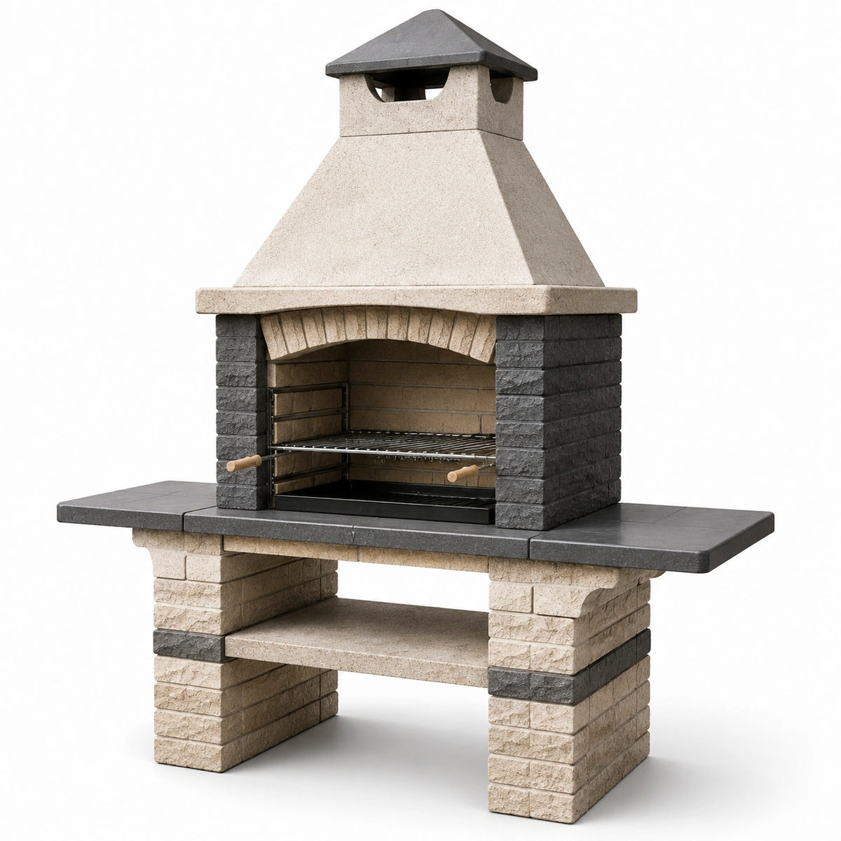 Barbacoa de ladrillo refractario con chimenea y estantes laterales 120x65x210 cm