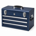 Caja de herramientas de metal azul con 3 cajones y mango de goma
