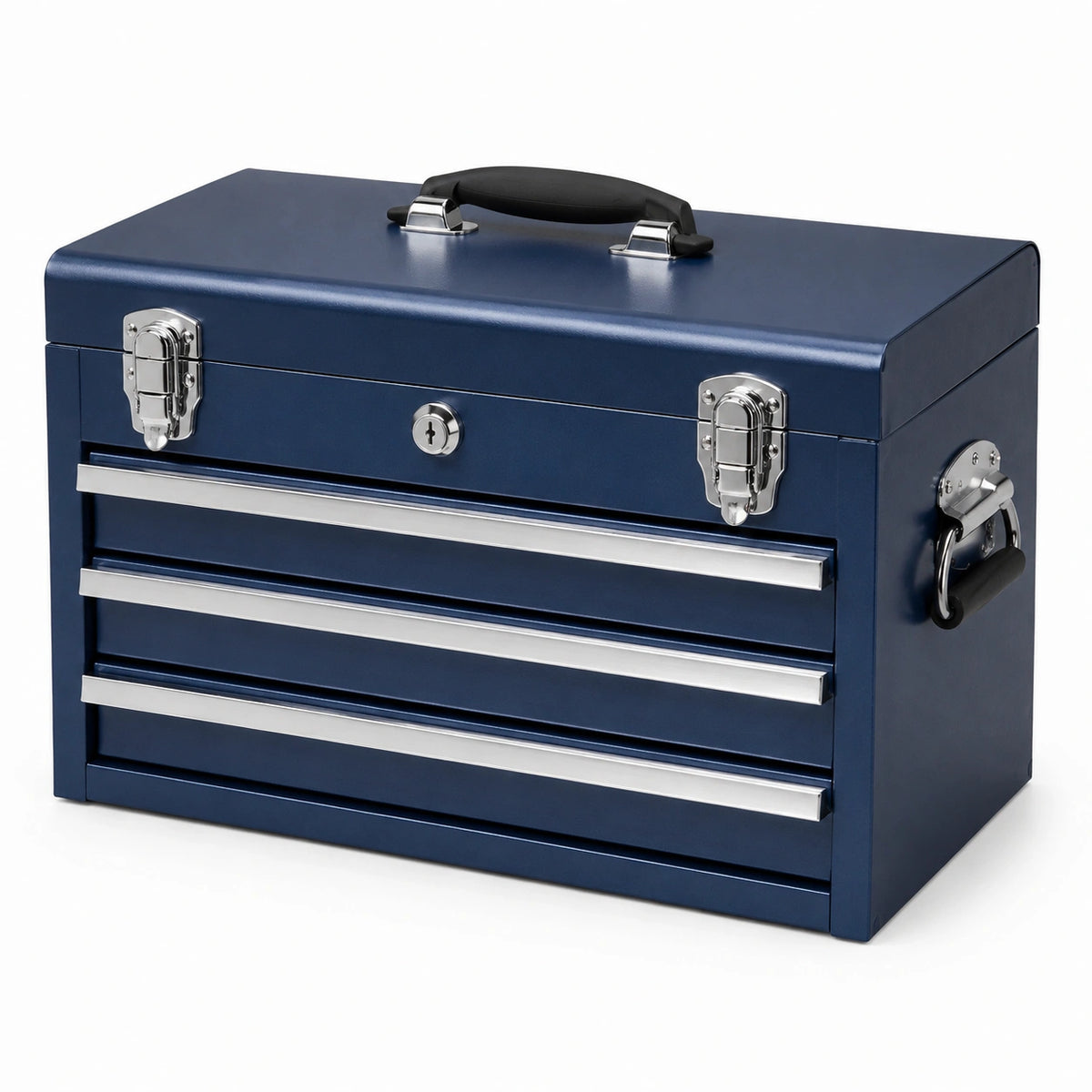 Caja de herramientas de metal azul con 3 cajones y mango de goma