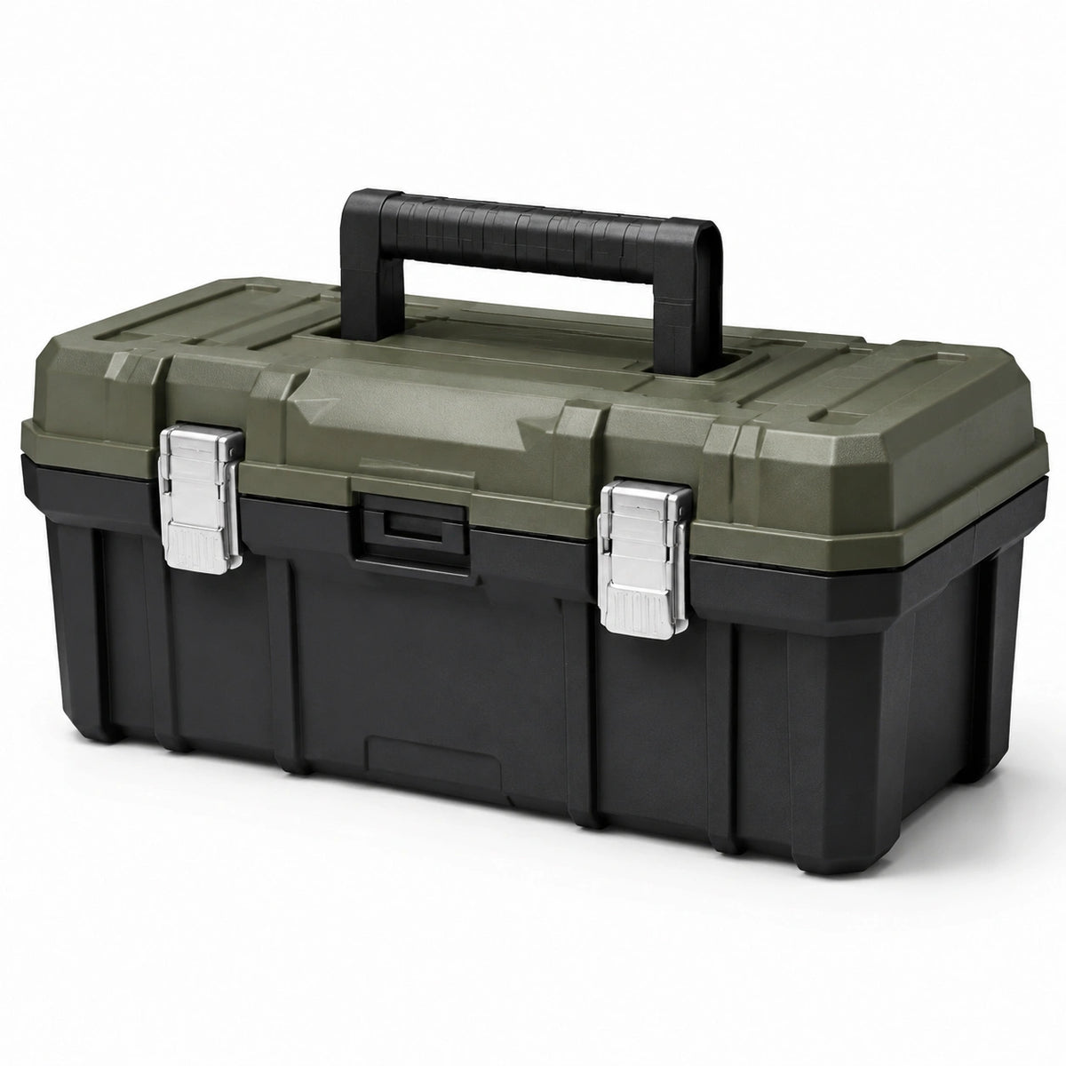 Caja de herramientas de plástico negro y verde con cierres metálicos 50x25x25 cm