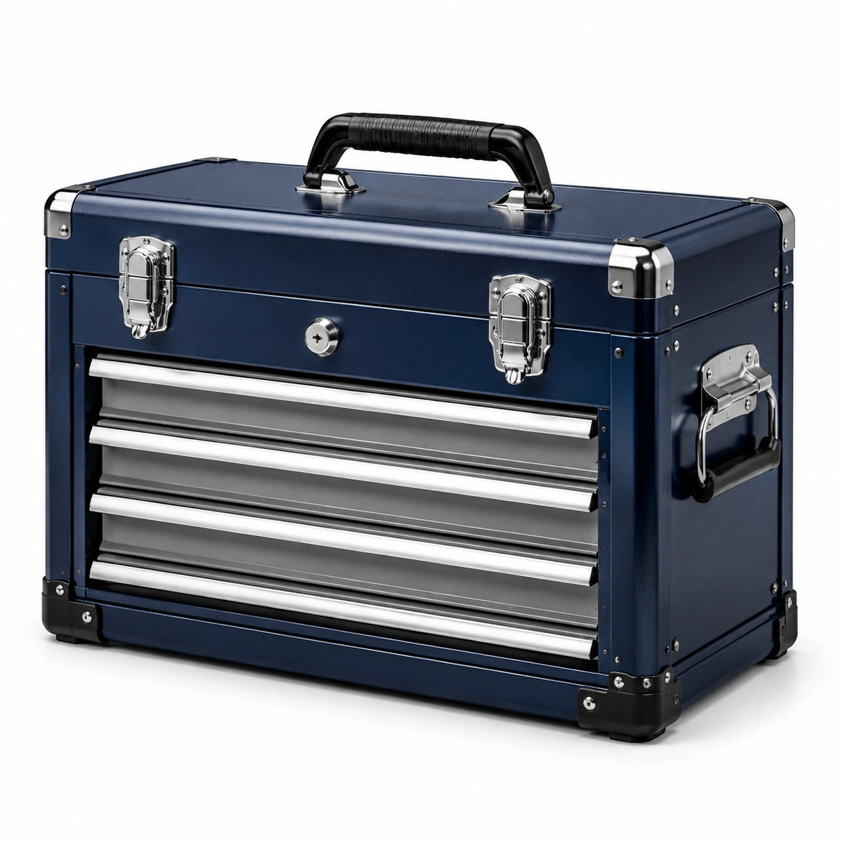Caja de herramientas de acero y aluminio azul con 4 cajones