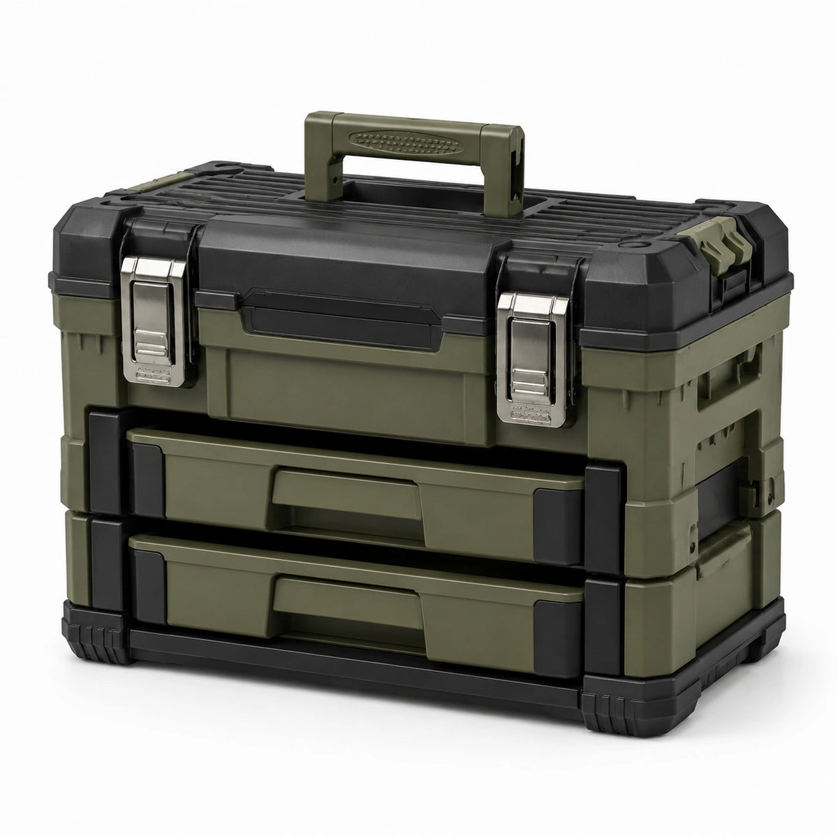 Caja de herramientas de plástico verde y negro con broches metálicos