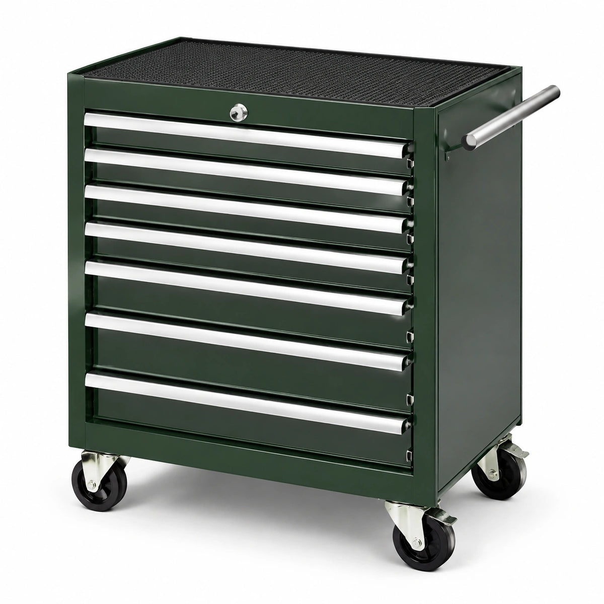 Carro de herramientas de metal verde con 7 cajones y ruedas
