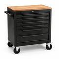Carro de herramientas de metal con encimera de madera, 7 cajones, negro