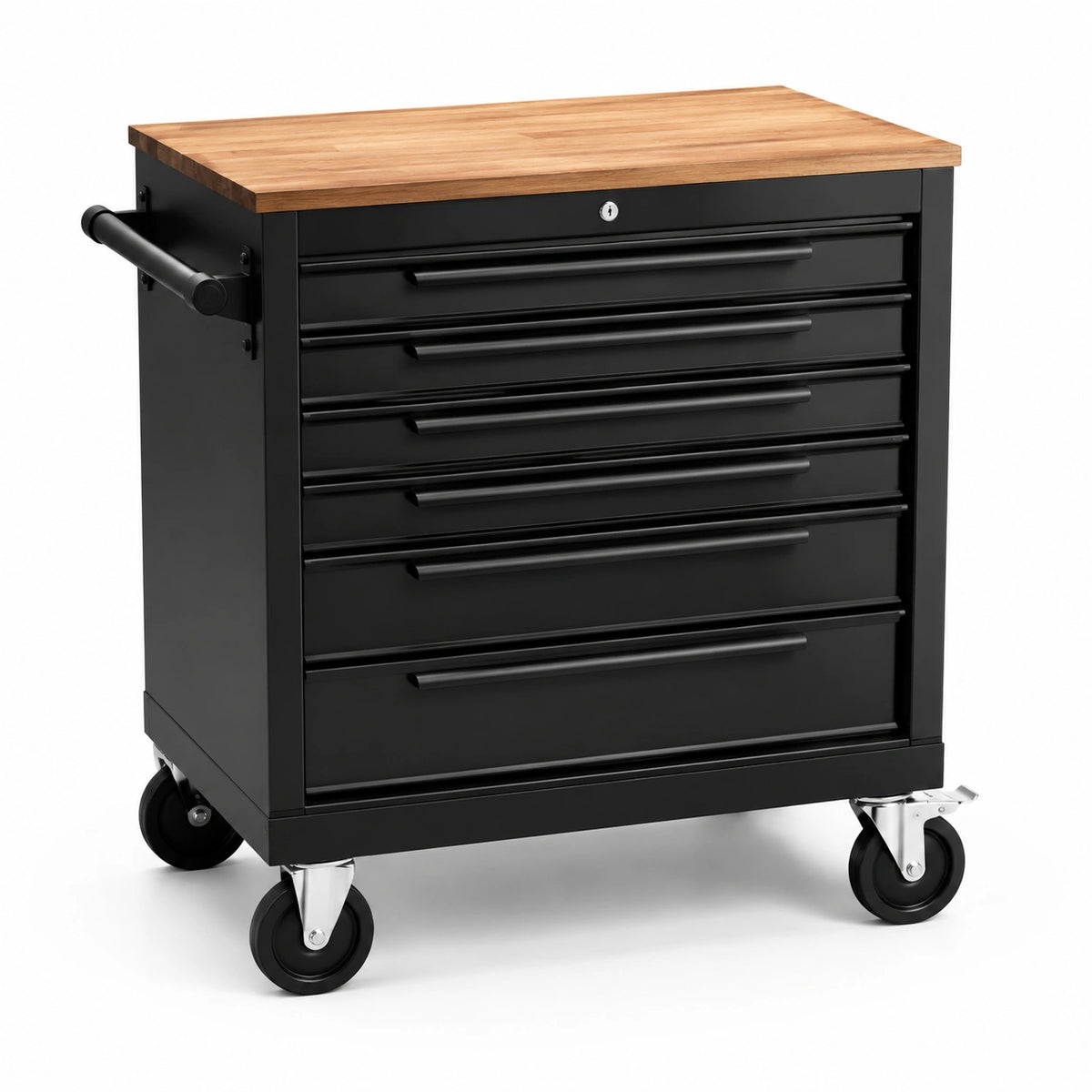 Carro de herramientas de metal con encimera de madera, 7 cajones, negro
