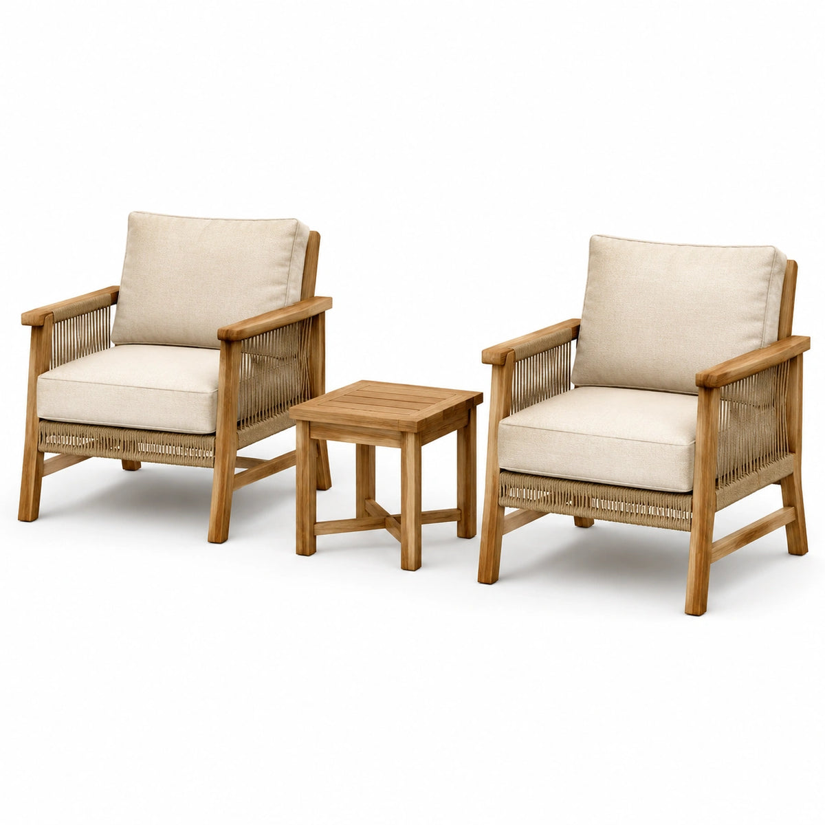 Conjunto de muebles de jardín de madera de teca con sillones y mesa, color beige