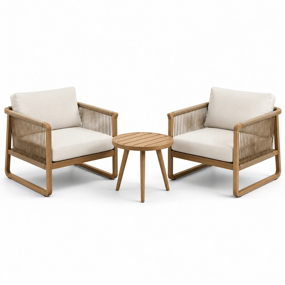 Conjunto de sillones de madera y cuerda beige con mesa redonda