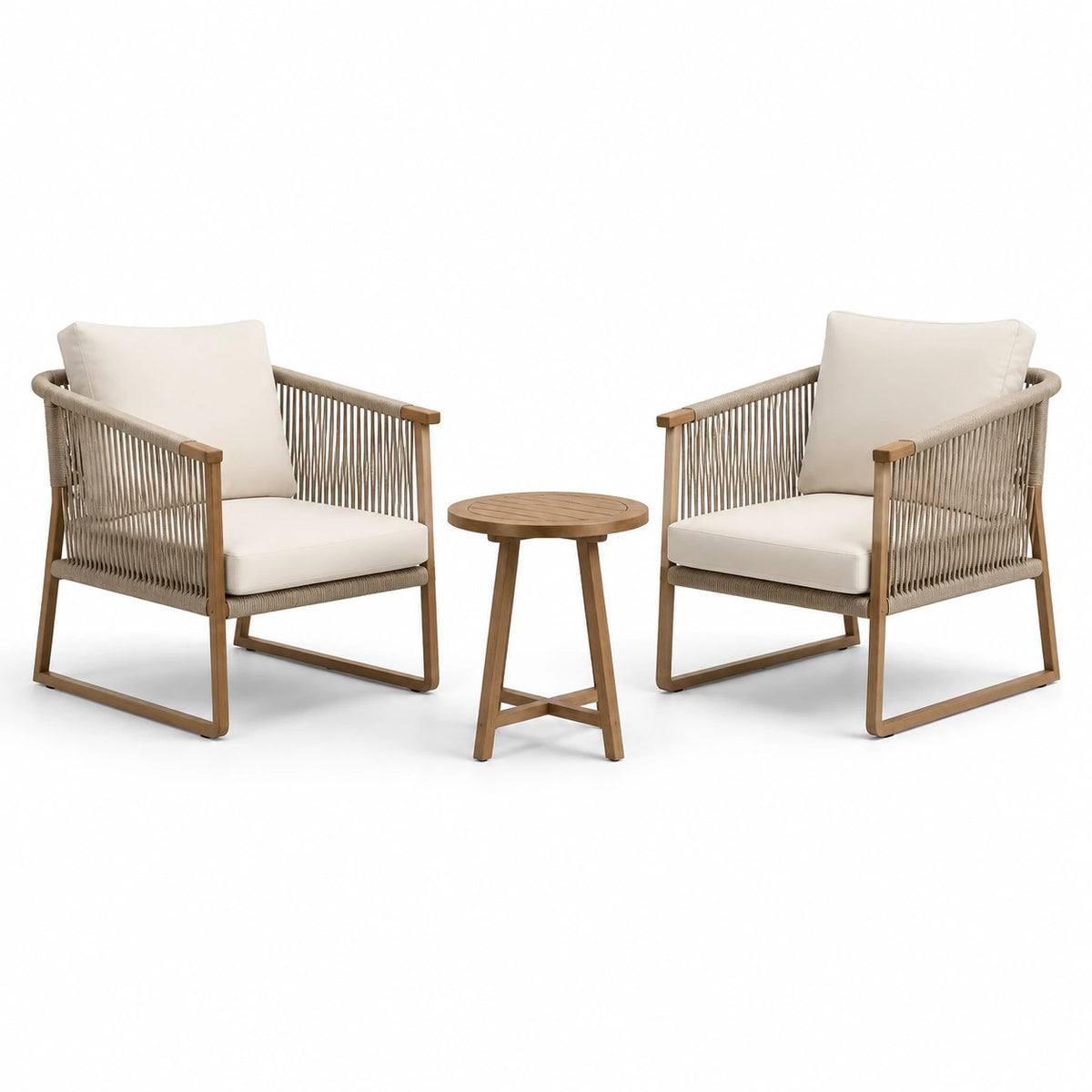 Set de muebles de jardín de madera y cuerda con cojines beige