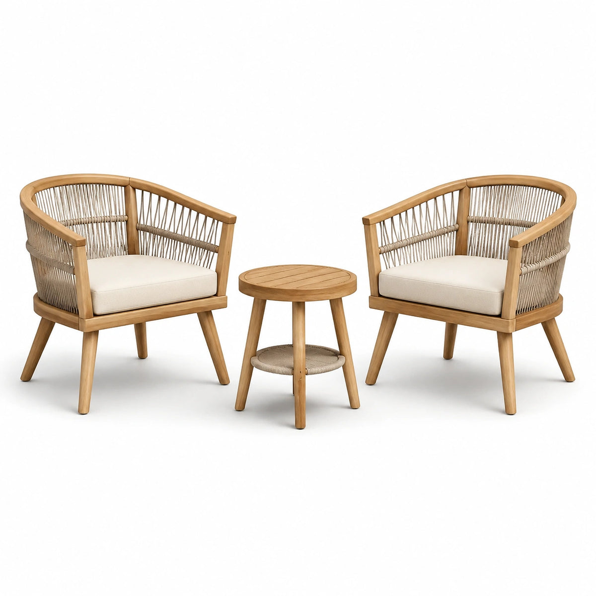 Conjunto de jardín de madera y cuerda sintética beige con dos sillas y mesa redonda