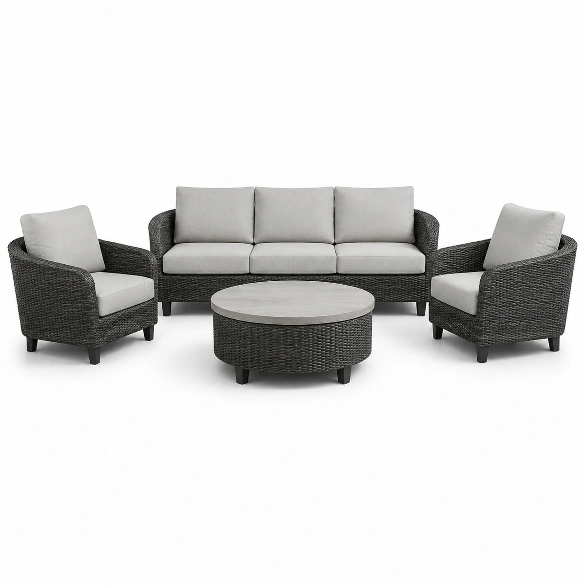 Conjunto de muebles de jardín de ratán sintético negro con cojines grises