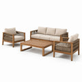 Conjunto de sofá de madera de acacia y cuerda sintética, cojines beige, 3 plazas + 2 sillones + mesa de centro